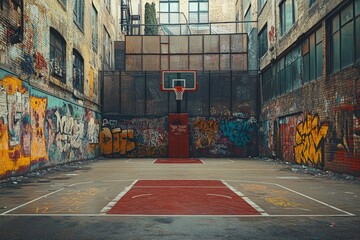 Fototapeta premium Urban Basketball Court with Graffiti Walls