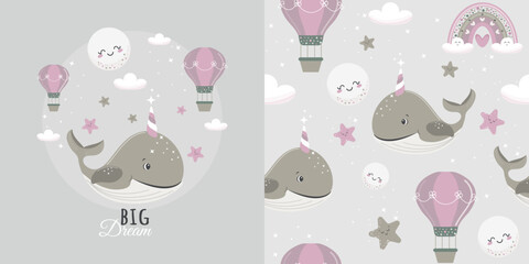 Children's seamless magic drawing with a unicorn whale, stars and balloons. Vector design for baby bedding, fabric, wallpaper, wrapping paper and more. © Alyona 