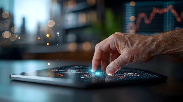 A visually stunning and futuristic scene of a dynamic trading floor featuring holographic projections transparent 3D displays presenting real time data and analytics
