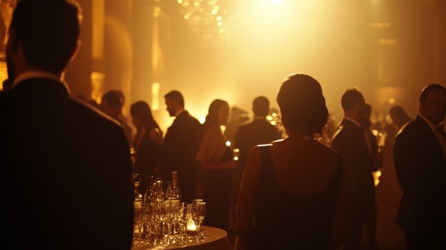 Silhouettes of people at a party, warm light.