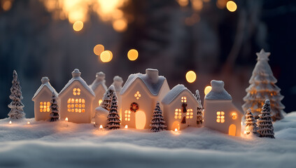 Fototapeta premium A festive Christmas village with small houses and trees made of white ceramic, illuminated by warm lights against the backdrop of a snow-covered ground and a blurred forest at sunset