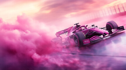 Naklejka premium Sleek deffernt Formula 1 car leaving trail of deffernt colored smoke against pastel backdrop