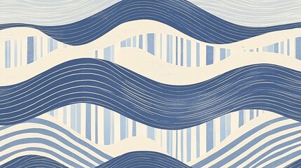Abstract Waves. Modern Blue and Beige Geometric Pattern with Flowing Lines