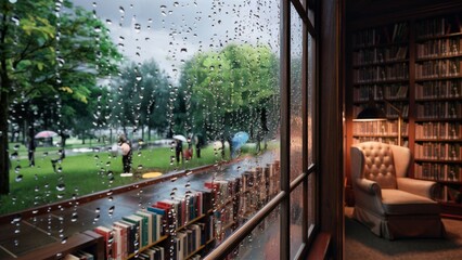 Cozy Library with Raindrops and