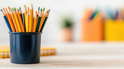 Closeup of pencils in a cup with a blurred background of school supplies, ideal for promoting desk organization tools
