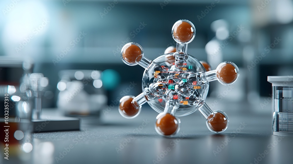 Aufkleber Cutaway view of a molecular structure transparent surfaces revealing the inner workings and color coded atomic elements accompanied by technical diagrams and data readouts in a cinematic