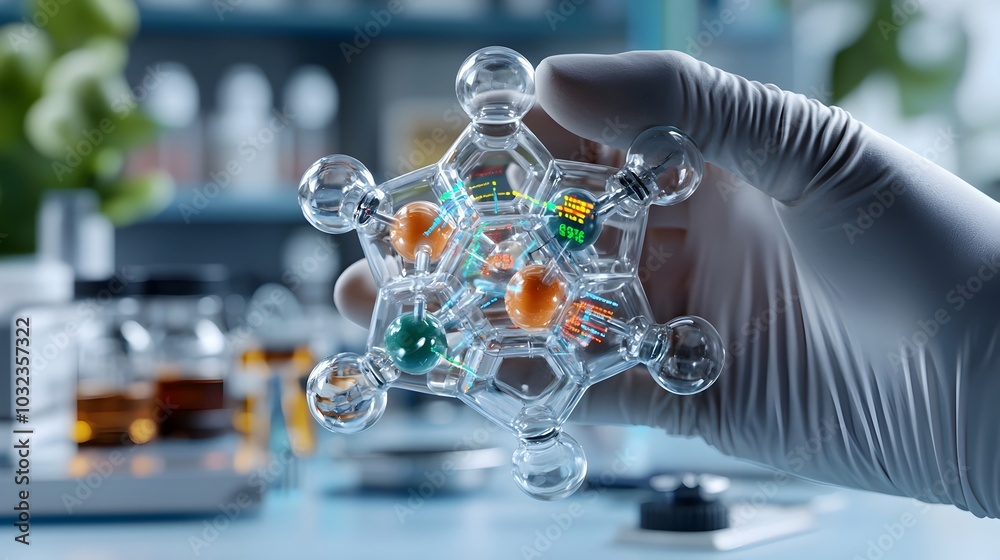 Aufkleber Cutaway view of a molecular structure transparent surfaces revealing the inner workings color coded atomic elements detailed technical diagrams and data readouts