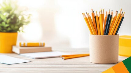 Obraz premium Closeup of pencils in a cup with a blurred background of school supplies, ideal for promoting desk organization tools