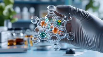 Cutaway view of a molecular structure transparent surfaces revealing the inner workings color coded atomic elements detailed technical diagrams and data readouts