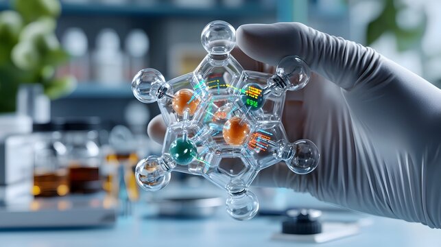 Cutaway view of a molecular structure transparent surfaces revealing the inner workings color coded atomic elements detailed technical diagrams and data readouts