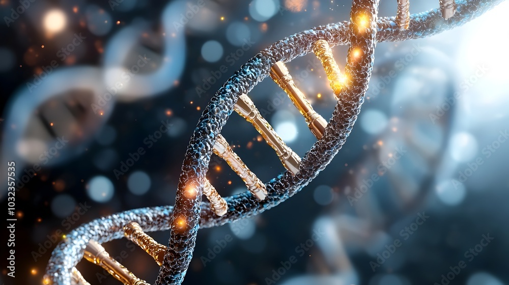 Aufkleber captivating digital art depicting a glowing shimmering dna double helix molecule set against a dark 