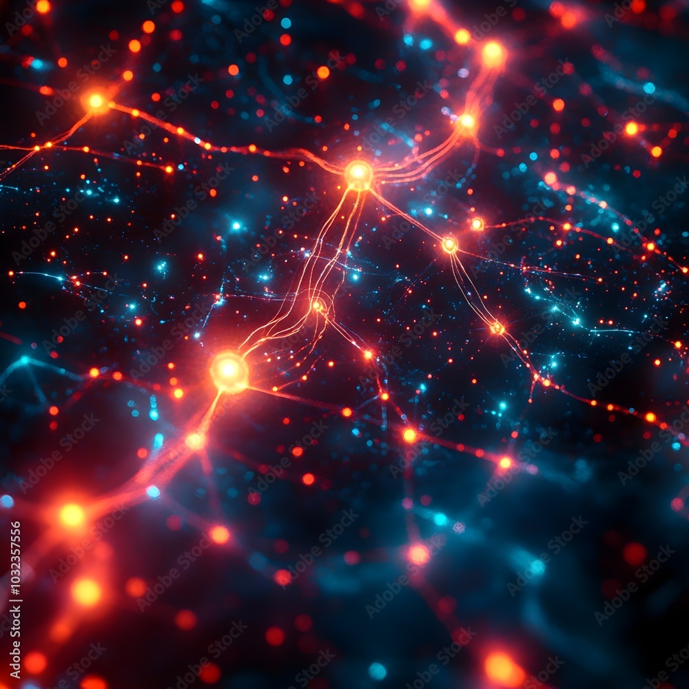 Poster Futuristic glowing neural network conveying creativity intricate geometric patterns luminous neon filaments and a dynamic flow of energy  The dreamlike abstraction creates a cinematic
