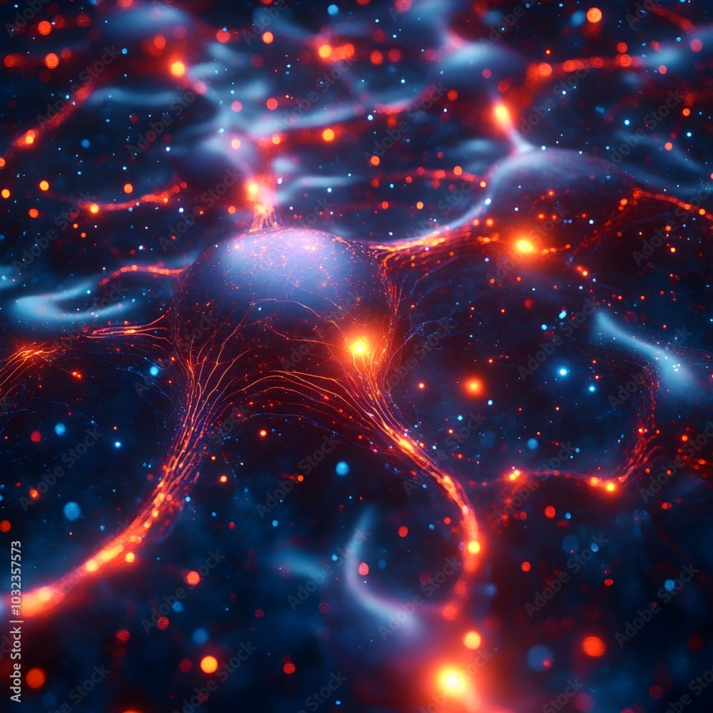 Poster Futuristic neural network of glowing lines and shapes conveying creativity complex geometric patterns luminous neon filaments dynamic flow of energy dreamlike abstraction and aesthetic