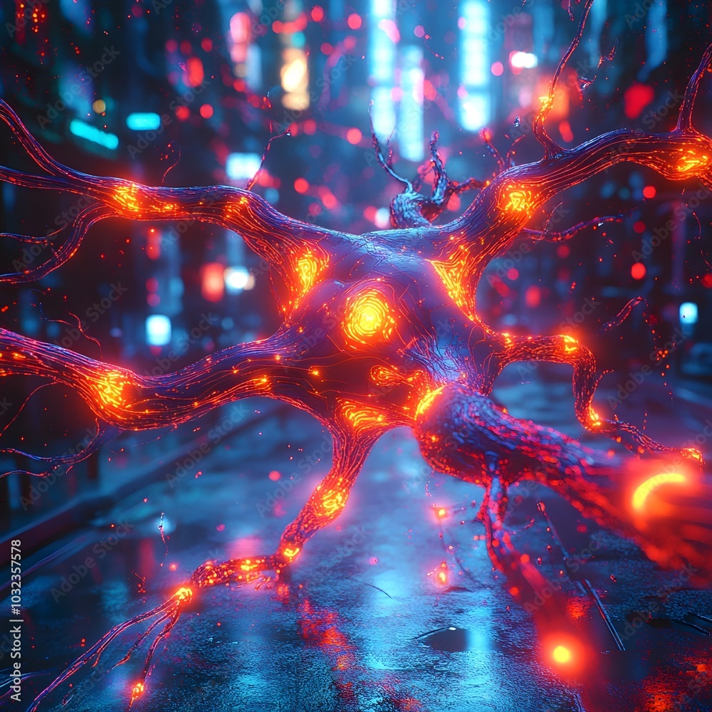 Poster Captivating futuristic neural network artwork featuring a dynamic display of glowing lines geometric shapes and luminous neon filaments