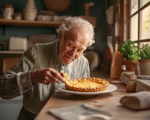 Elderly Man Savoring Homemade Pie in Cozy Kitchen Reflecting Contentment and Simplicity