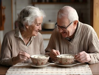Elderly Couple Sharing a Warm Bowl of Porridge in the Kitchen