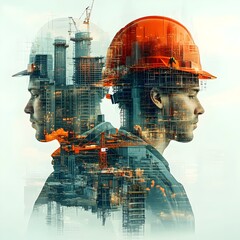 Innovative building construction design concept featuring a graphic with multiple exposure effects skilled construction workers and civil engineers planning
