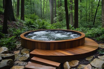 Fototapeta premium Hot Tub In Forest With Wooden Deck And Rocks