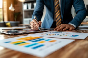 Fototapeta premium Businessman analyzing charts and graphs on wooden table