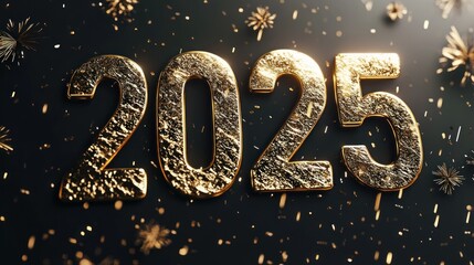 A shiny golden "2025" against a dark background with festive confetti, celebrating the New Year.
