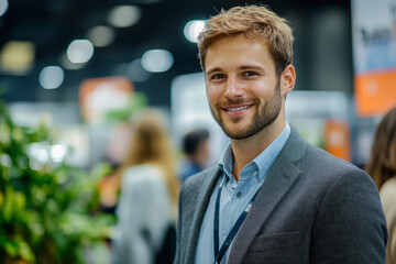 Young professional smiling at camera at a business conference