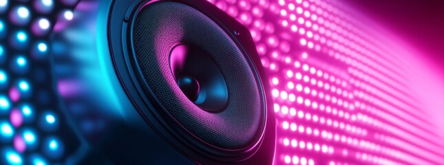 Nighttime Neon Dance Floor with Speakers and Vibrant Lights