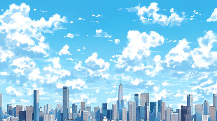 Fototapeta premium vibrant blue hued cityscape under bright sky filled with fluffy clouds