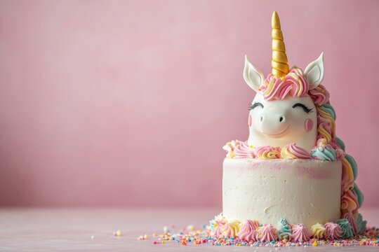Cute unicorn cake on pink background with copy space