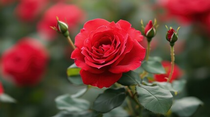 A Single Red Rose in Bloom with Buds and Green Leaves