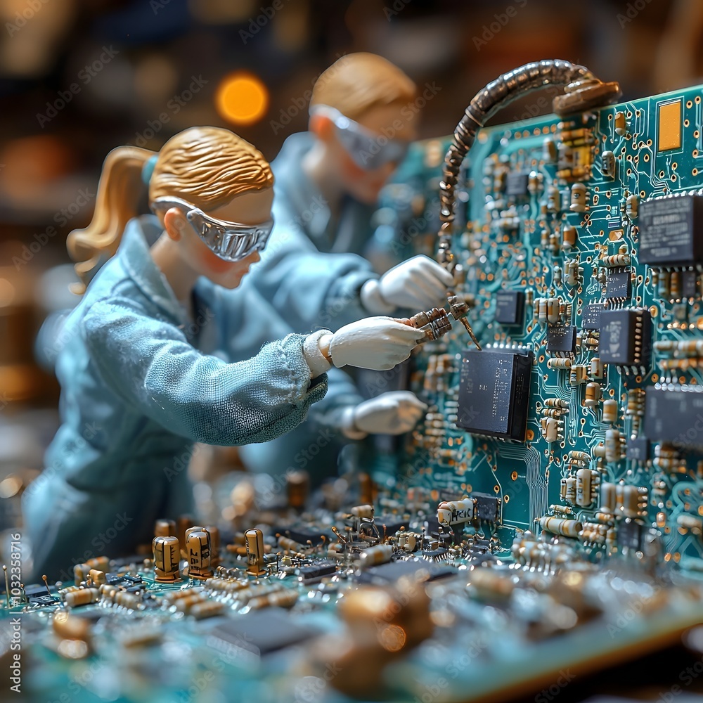 Poster Tiny repairman figurines meticulously inspecting and repairing the intricate components of a complex electronic circuit board captured in sharp focus with a retrofuturistic