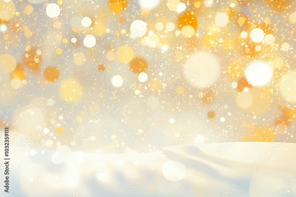 Wall mural golden bokeh lights and soft glowing orbs on a warm gradient background. abstract festive design wit