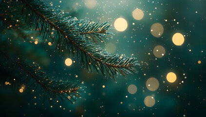 
Close-up of pine tree branches with snow and bokeh lights in the background