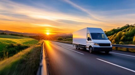 Obraz premium Modern Delivery Van on Open Road at Sunset
