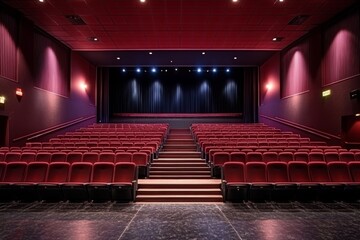 Empty Theater Seats with Red Upholstery and Black Stage Curtains