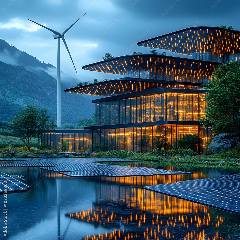 Poster Innovative smart grid system featuring sleek solar panels arranged in geometric patterns towering wind turbines with graceful blades spinning in the breeze efficient energy storage solutions