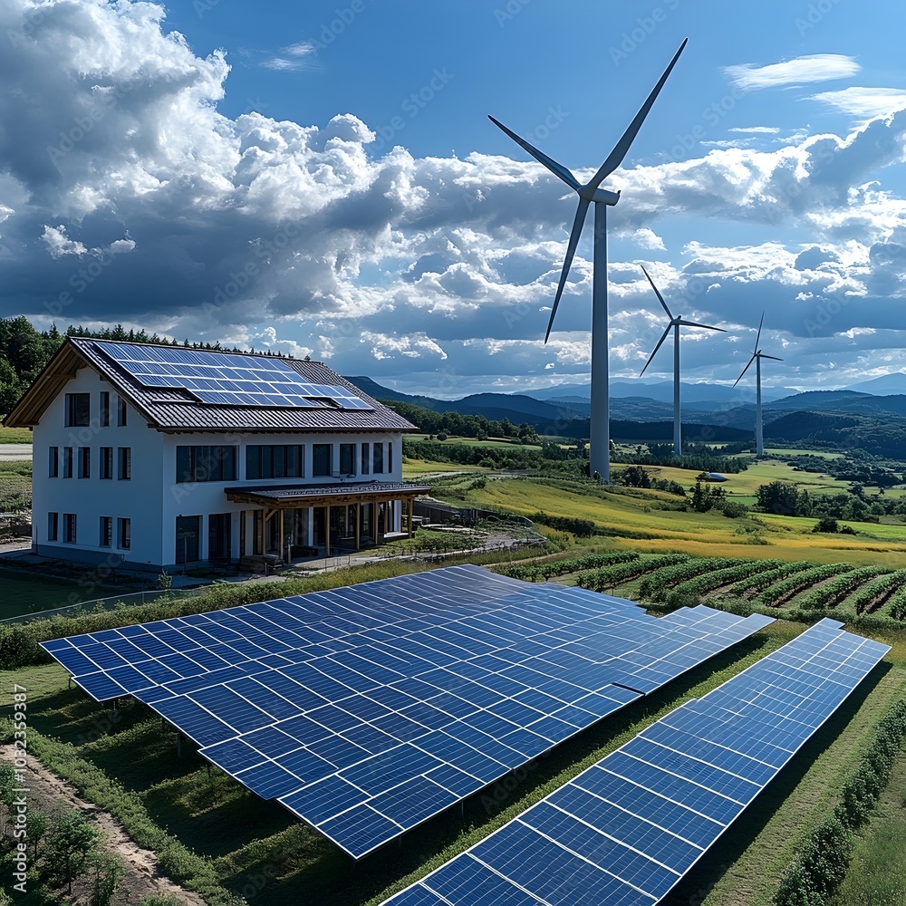 Poster cutting edge sustainable energy infrastructure with gleaming solar arrays soaring wind turbines and 