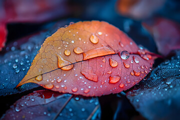 close-up of an autumn leaf with raindrops, capturing vibrant fall colors, perfect for nature, season change, and peaceful backgrounds, highlighting water droplets