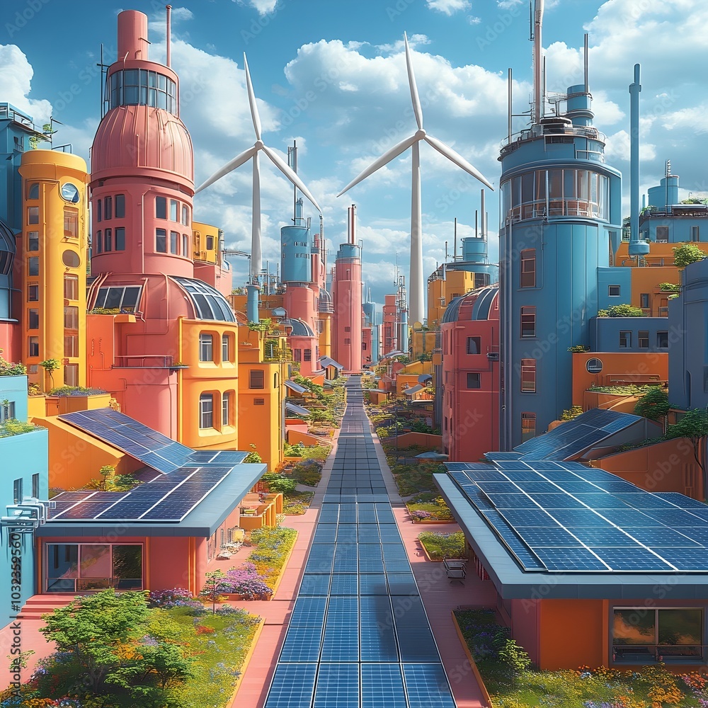 Aufkleber gleaming solar arrays and majestic wind turbines powering a cutting edge smart city with vibrant det