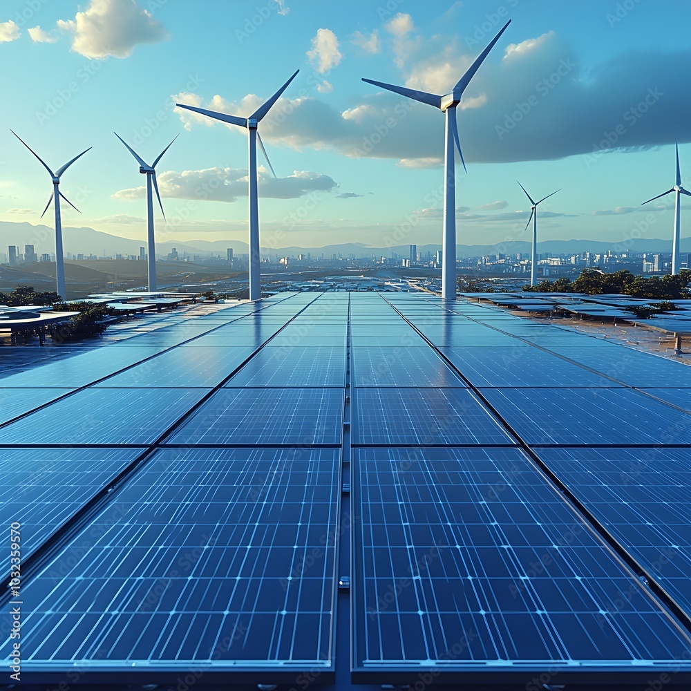 Poster sleek solar panels and towering wind turbines working in tandem to drive a smart grid a testament to