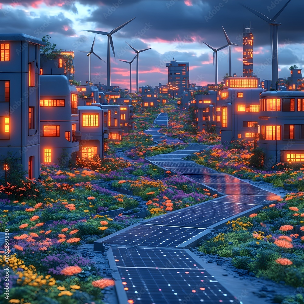 Poster gleaming solar arrays and majestic wind turbines powering a cutting edge smart city with vibrant col
