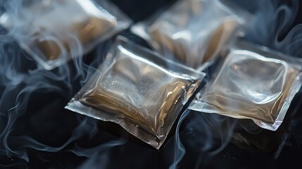 Steaming Sealed Aroma Packets on Black Surface Highlighting Sensory Experience