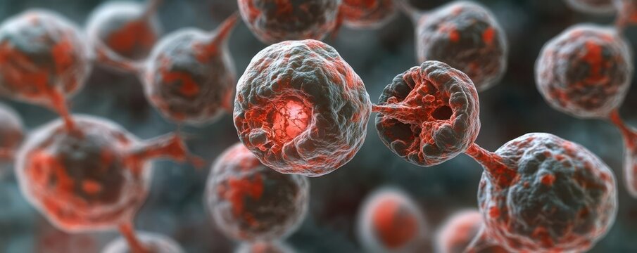Cellular damage from radiation therapy microscopic view of cancer cells showing damage from radiation therapy, with detailed breakdown of cell structure