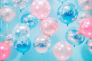  disco ball balloons, pastel blue background
