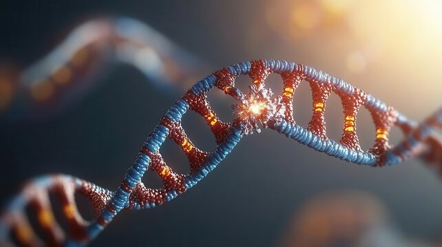 DNA damage leading to cancer 3D visualization showing DNA strands breaking apart, leading to cancer cell formation, with bright color contrasts for educational use