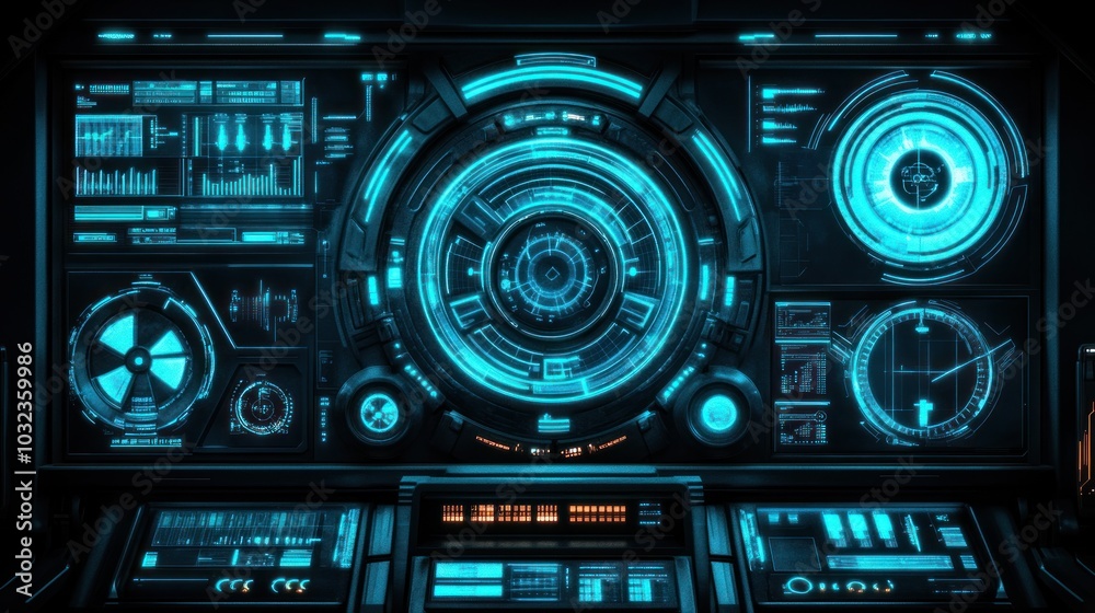 Poster futuristic control panel with glowing blue interfaces