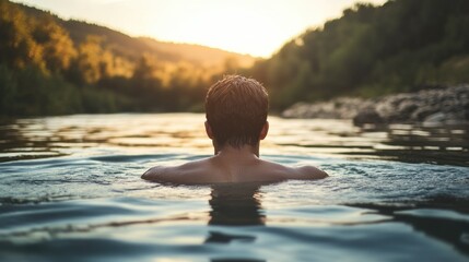 Fototapeta premium Serene river swim at sunset by forest - concept of water wellness