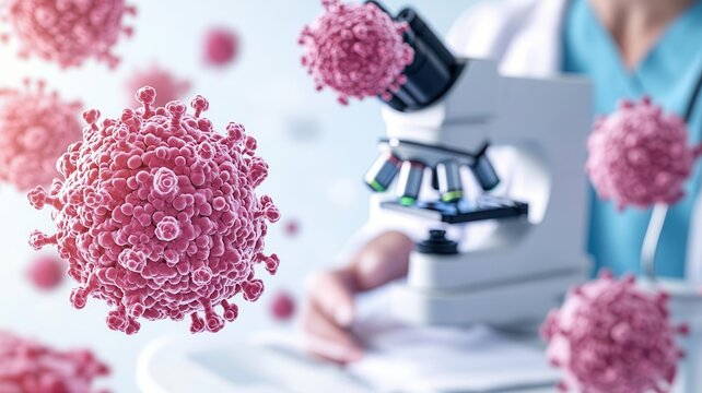 Oncologist discussing treatment options an oncologist explaining cancer treatment plans to a patient, with a microscope showing cancer cells in the background