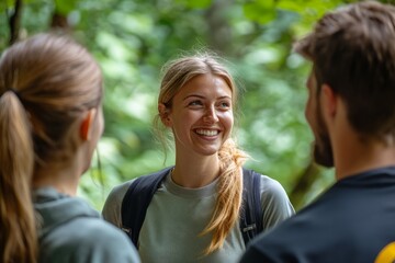 Fototapeta premium Young woman smiling surrounded by friends outdoors