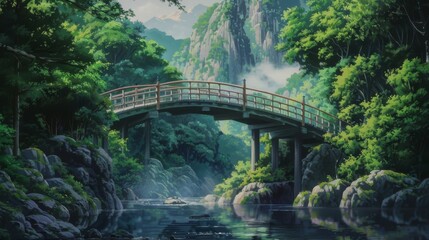 A bridge spans a lush, green valley with a flowing river and cascading waterfalls. The scene is framed by vibrant foliage and distant, misty mountains under a bright, partly cloudy sky
