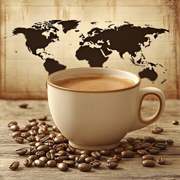 Minimalist and stylish International Coffee Day poster design featuring a coffee cup vector coffee beans and a minimalist world map in the background perfect for marketing advertising